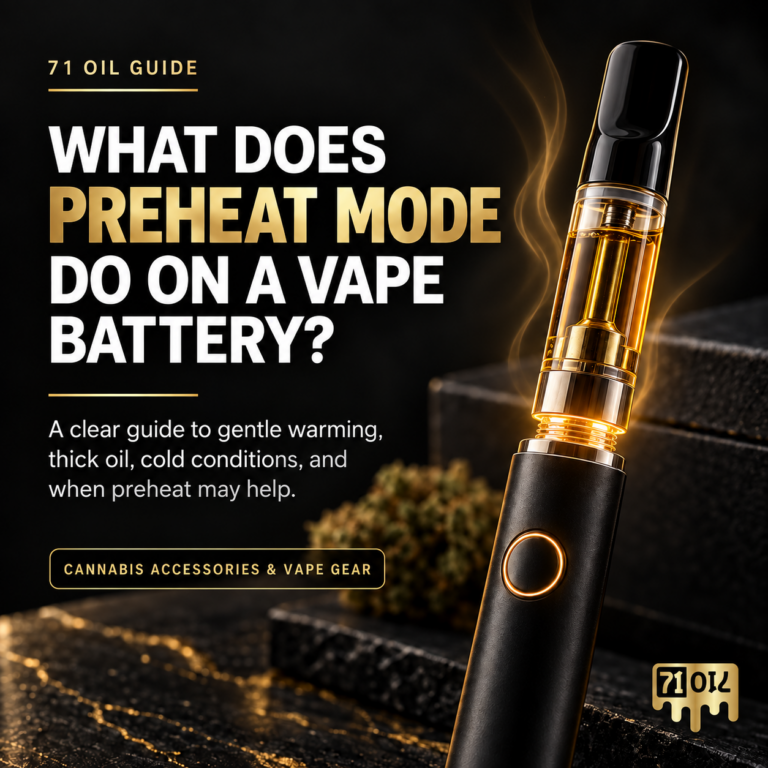 Featured image for 71 Oil’s guide “What Does Preheat Mode Do on a Vape Battery?” showing a cannabis vape battery and cartridge with warm amber oil on a premium black-and-gold background.