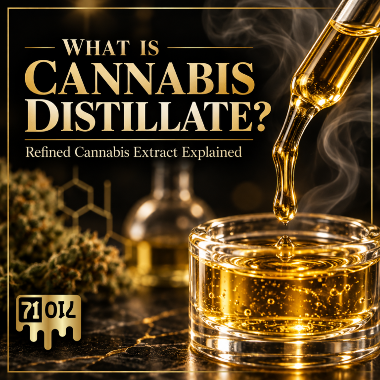 What is cannabis distillate featured image showing refined golden cannabis extract in a glass dish with a dropper and 71 Oil branding
