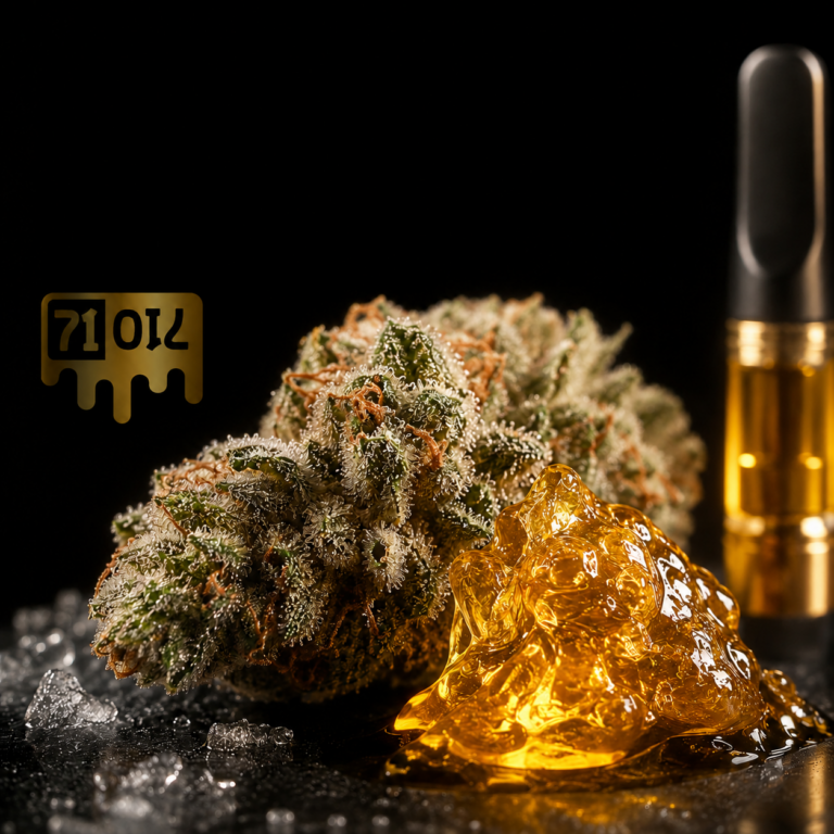 Live resin cannabis extract shown with fresh-frozen cannabis flower and a 71 Oil vape cartridge in a premium black-and-gold design.