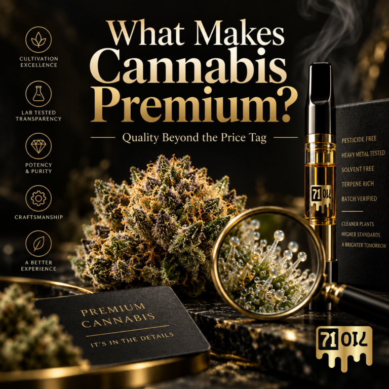 Premium cannabis graphic with cannabis flower, vape cartridge, magnified trichomes, and black-and-gold 71 Oil branding.
