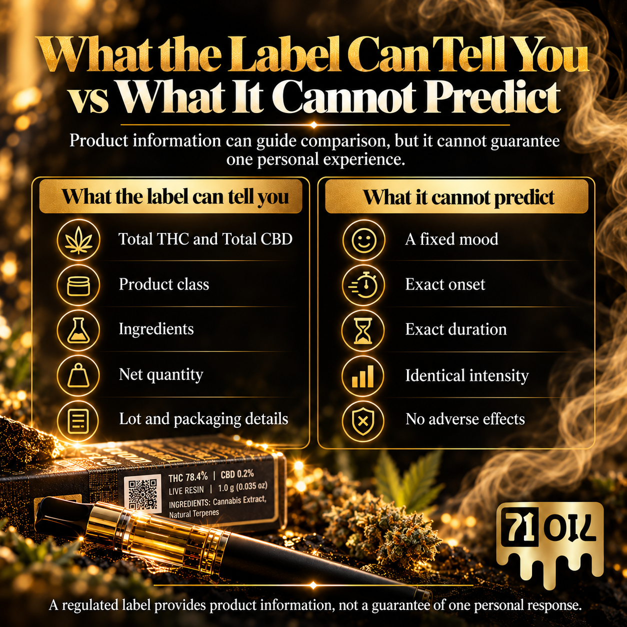 71 Oil infographic comparing what a regulated cannabis label can tell you versus what it cannot predict