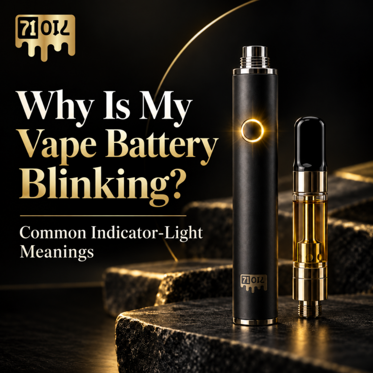 71 Oil featured image showing a 510-thread vape battery with a glowing indicator light beside a cannabis cartridge.
