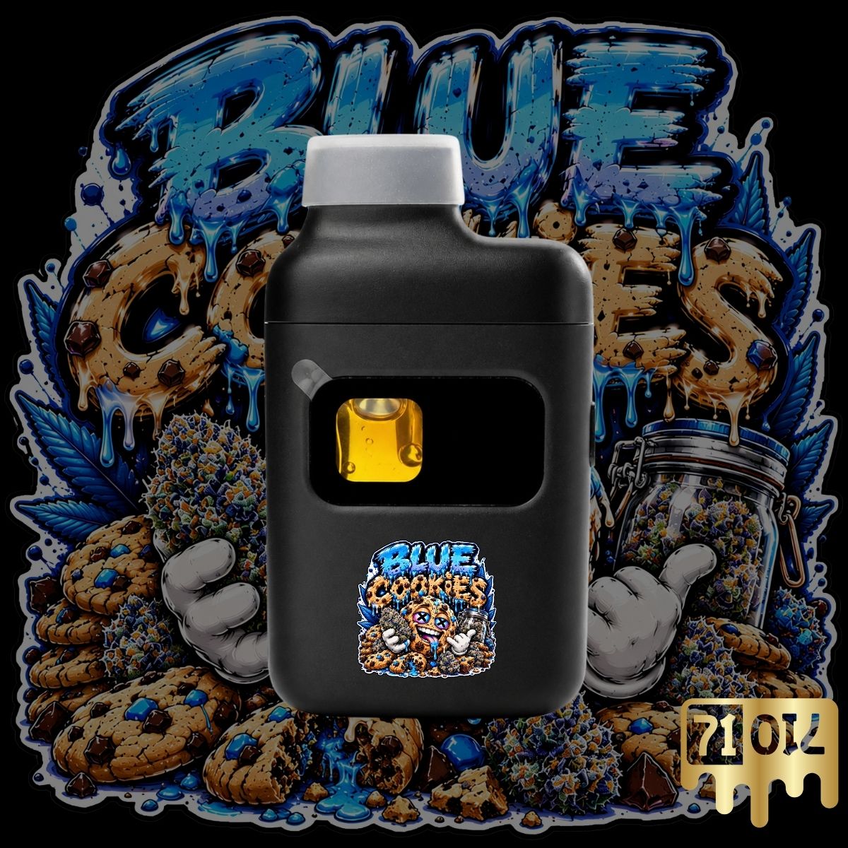 Blue Cookies THC vape pen by 71oil with black disposable device and blue cookie-themed strain artwork