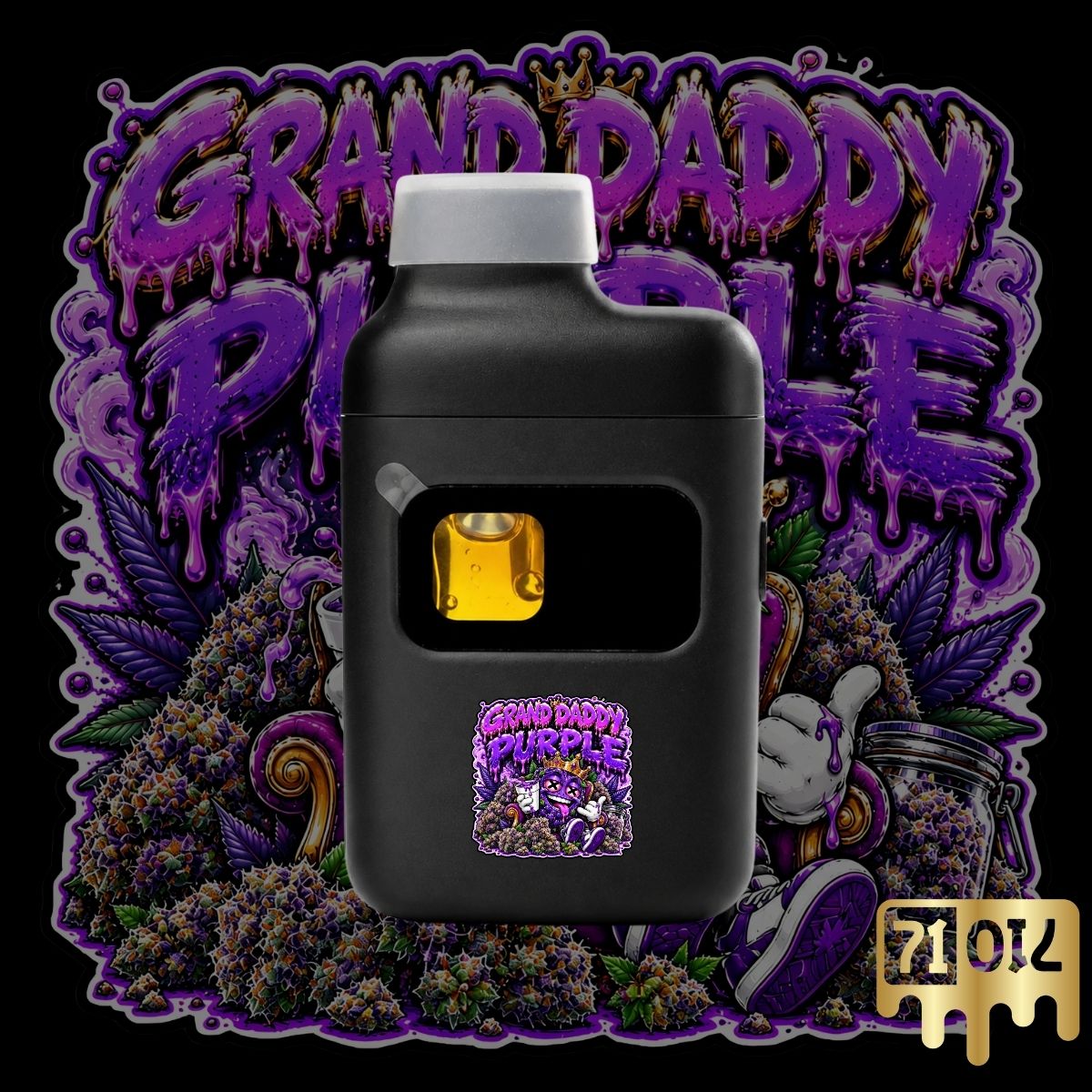 Grand Daddy Purple THC vape pen by 71oil with black disposable device and purple grape-themed artwork