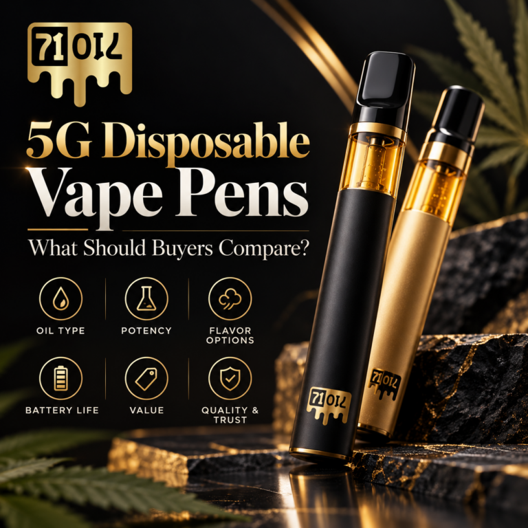 5G disposable vape pens with comparison points for extract type, potency, flavour, battery life, value, and quality.