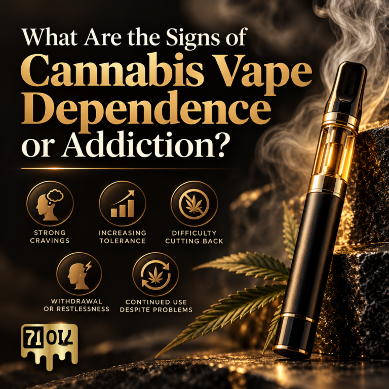 Signs of cannabis vape dependence or addiction including cravings, tolerance, difficulty cutting back, withdrawal, and continued use