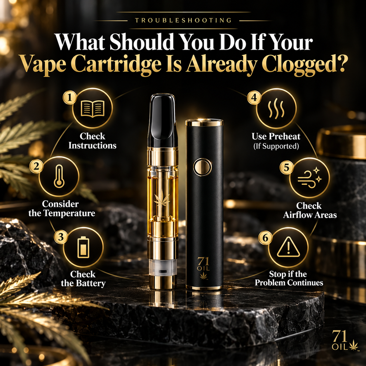 Steps to troubleshoot a clogged cannabis vape cartridge and restricted airflow