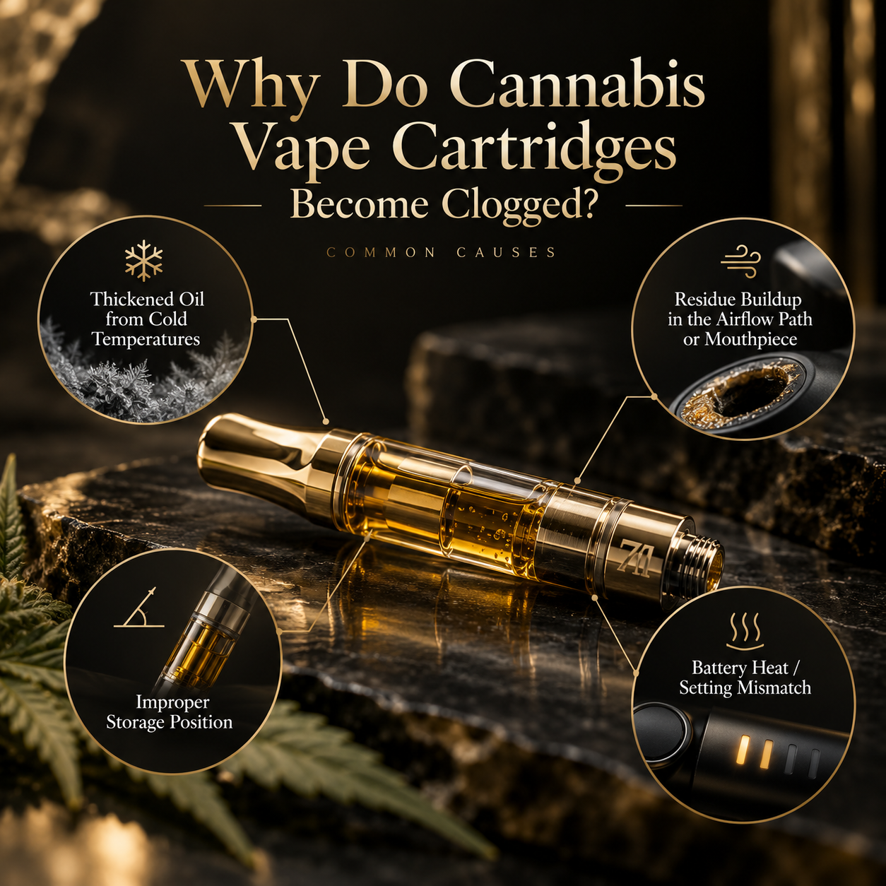 Common causes of cannabis vape cartridge clogging including thick oil, residue, storage, and heat